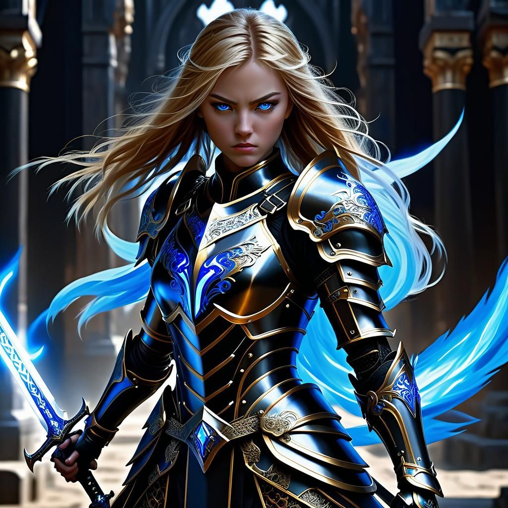 Epic Female Paladin Warrior in Black Steel Armor