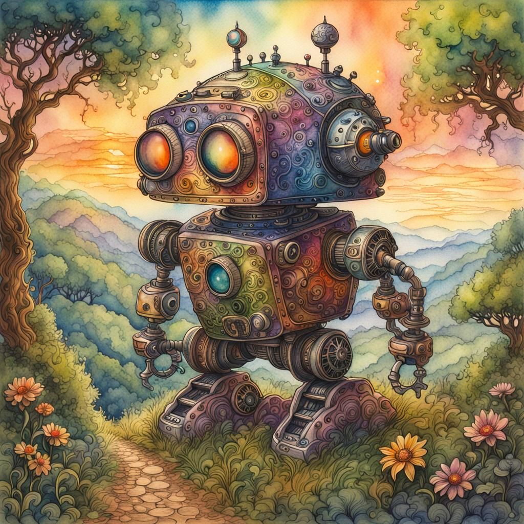 Chibi Robot on Hill in Watercolor Style