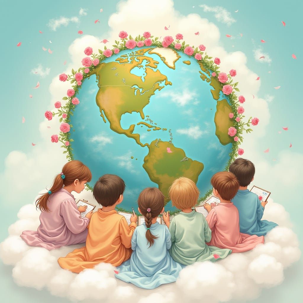 Whimsical Children Draw a Rose-Tinted Earth in the Clouds