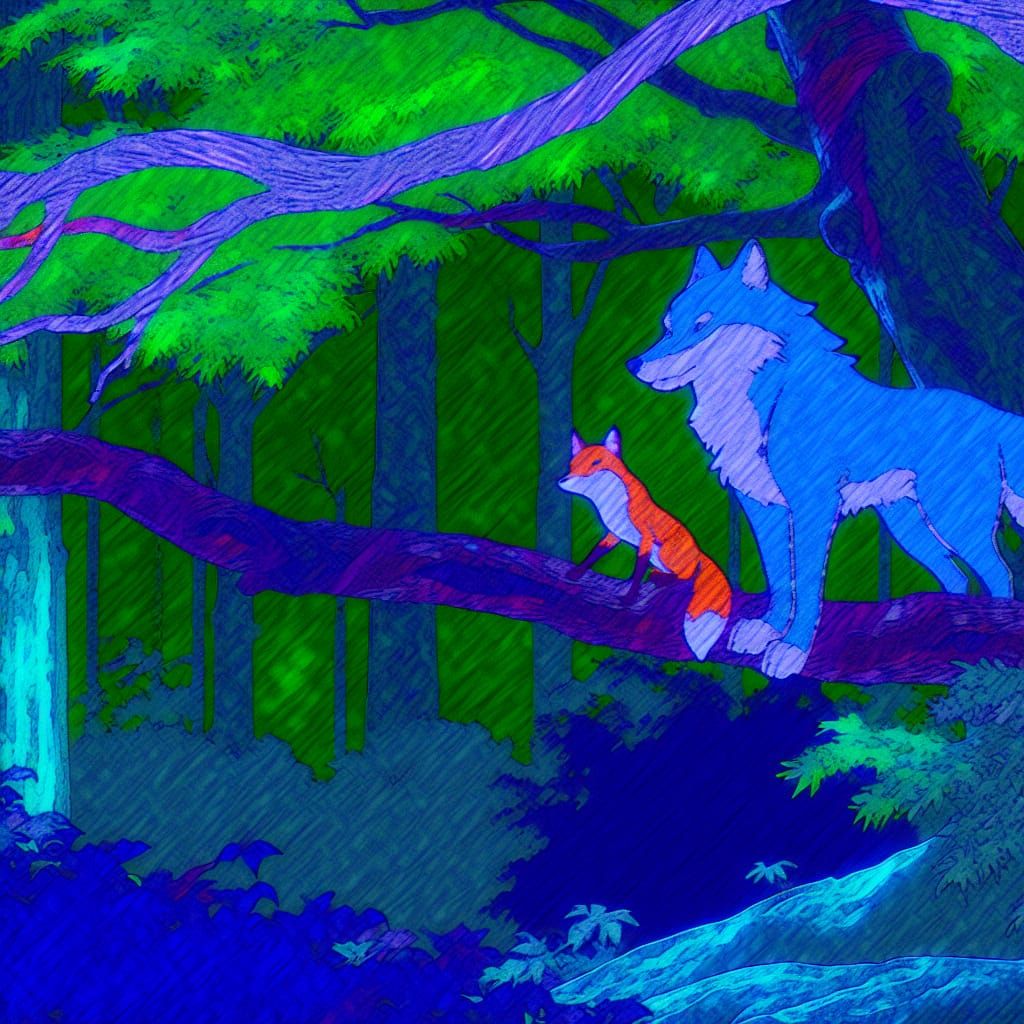 Wolf and Fox in Forest, Anime Style