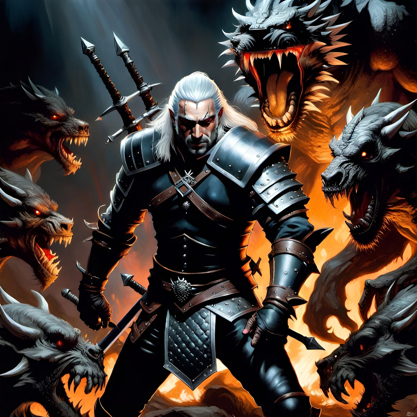 Armored Warrior Surrounded by Monsters in Dramatic Airbrush ...