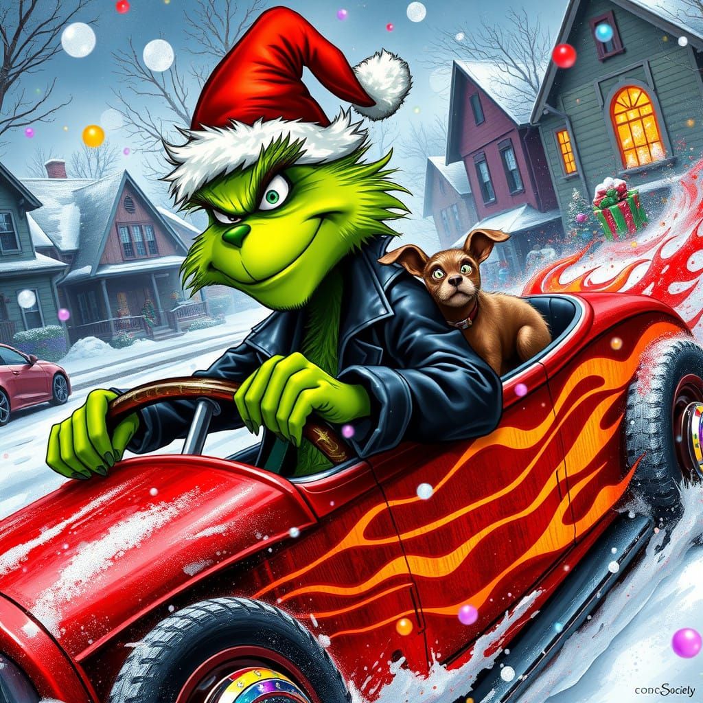 Mischievous Christmas Thief in a Cyberpunk Hot Rod