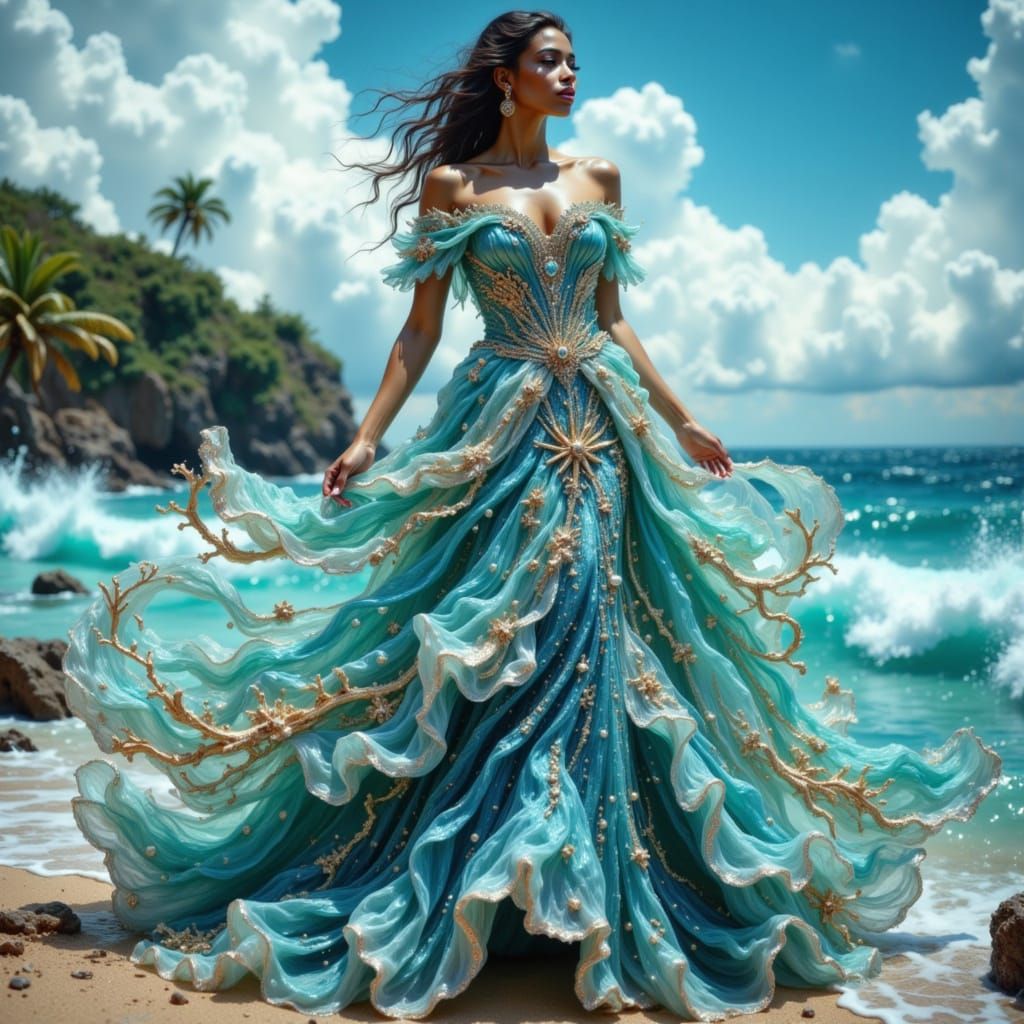 Black Queen in Turquoise Mermaid Gown by the Ocean