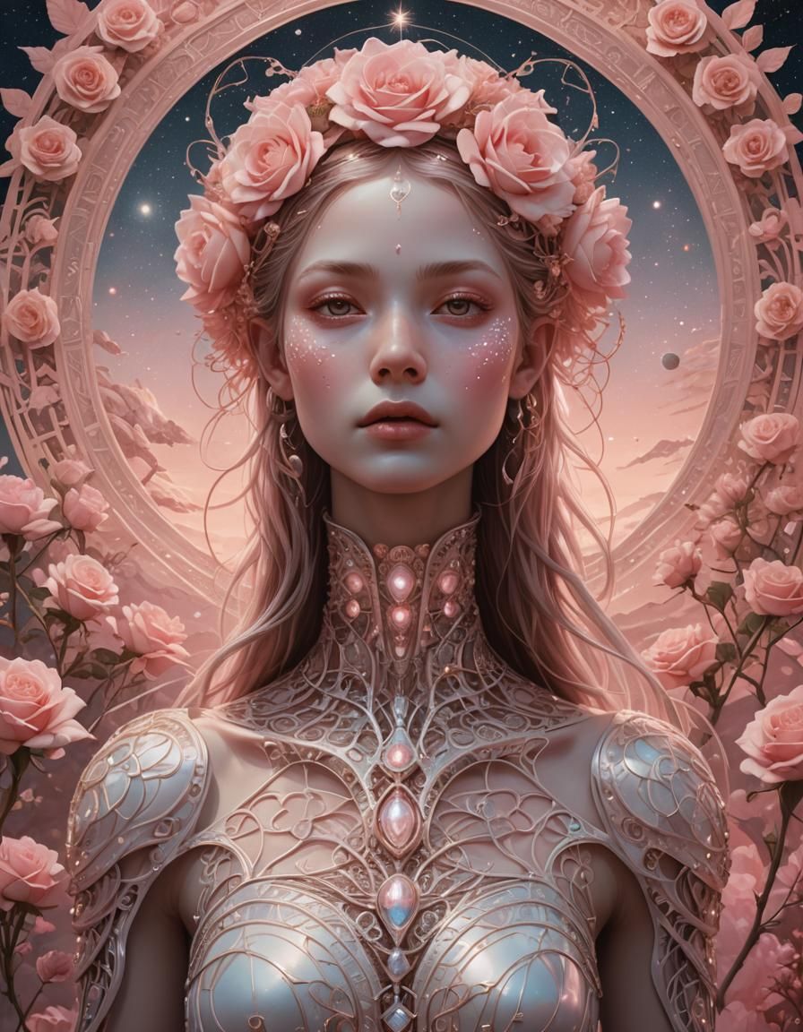 Ethereal Venusian Humanoid Portrait in Rose-Tinted Landscape