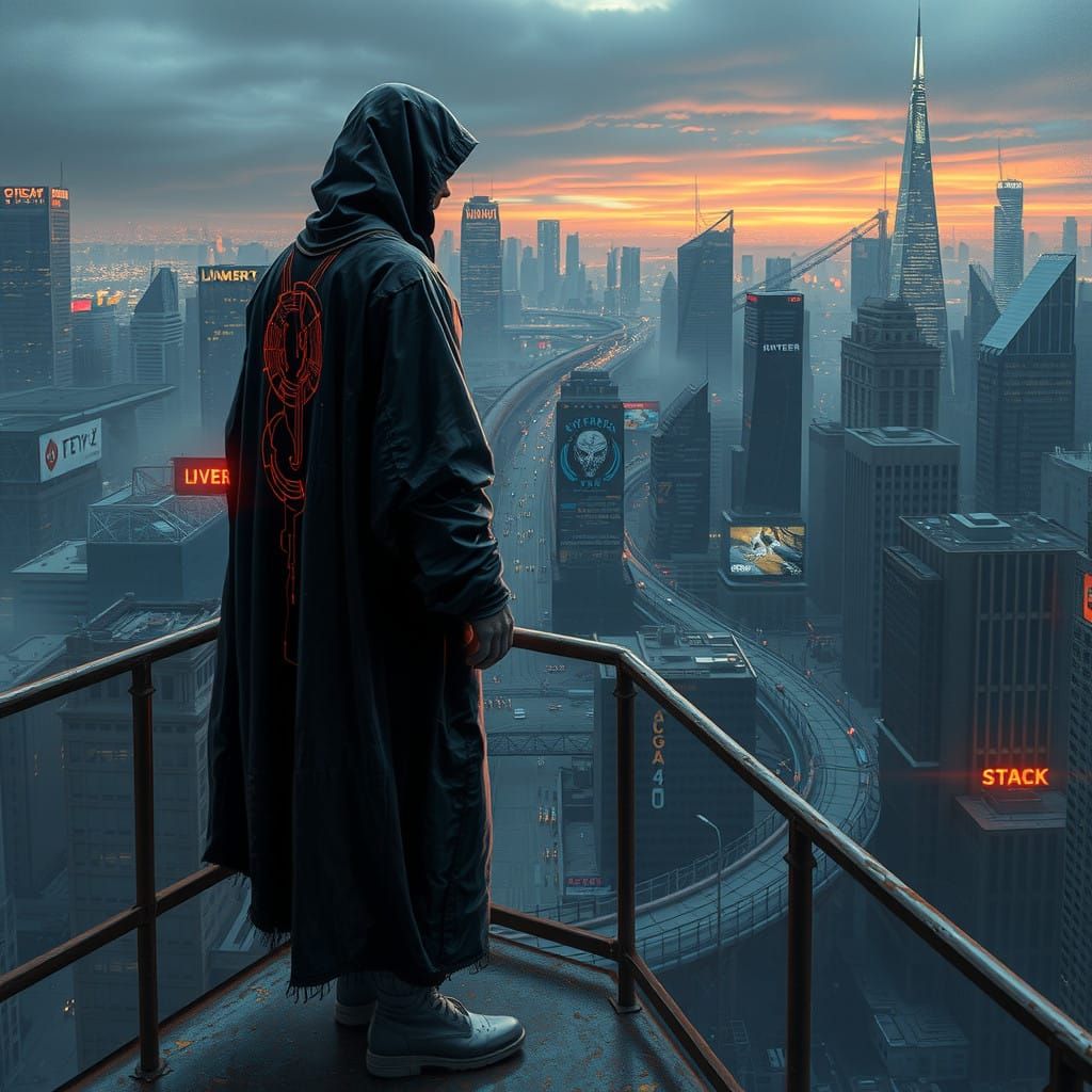 Cyberpunk Cityscape with Lone Tech Cultist at Dusk