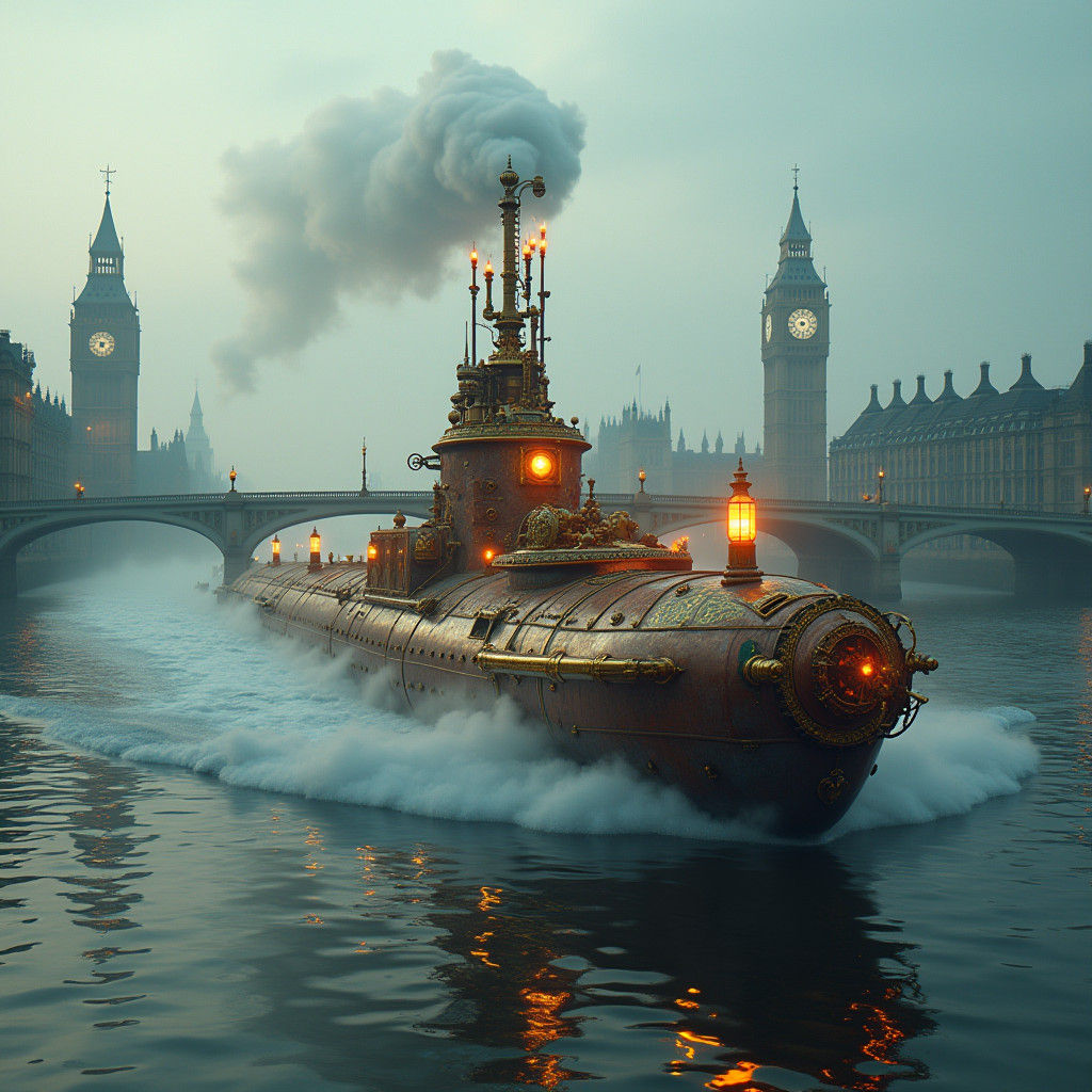 Steampunk Submarine Glides Down Thames in Dystopian London