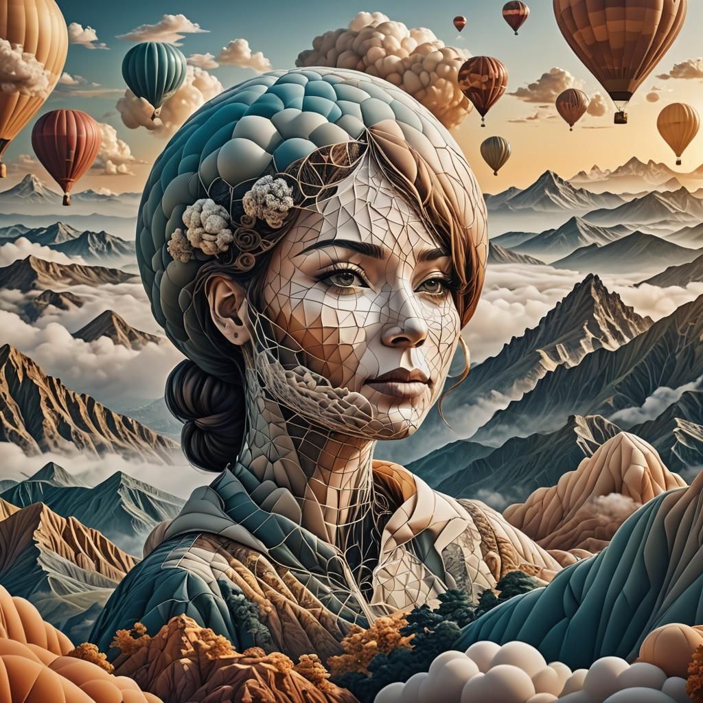 Woman in Hot Air Balloon with 3D Shading