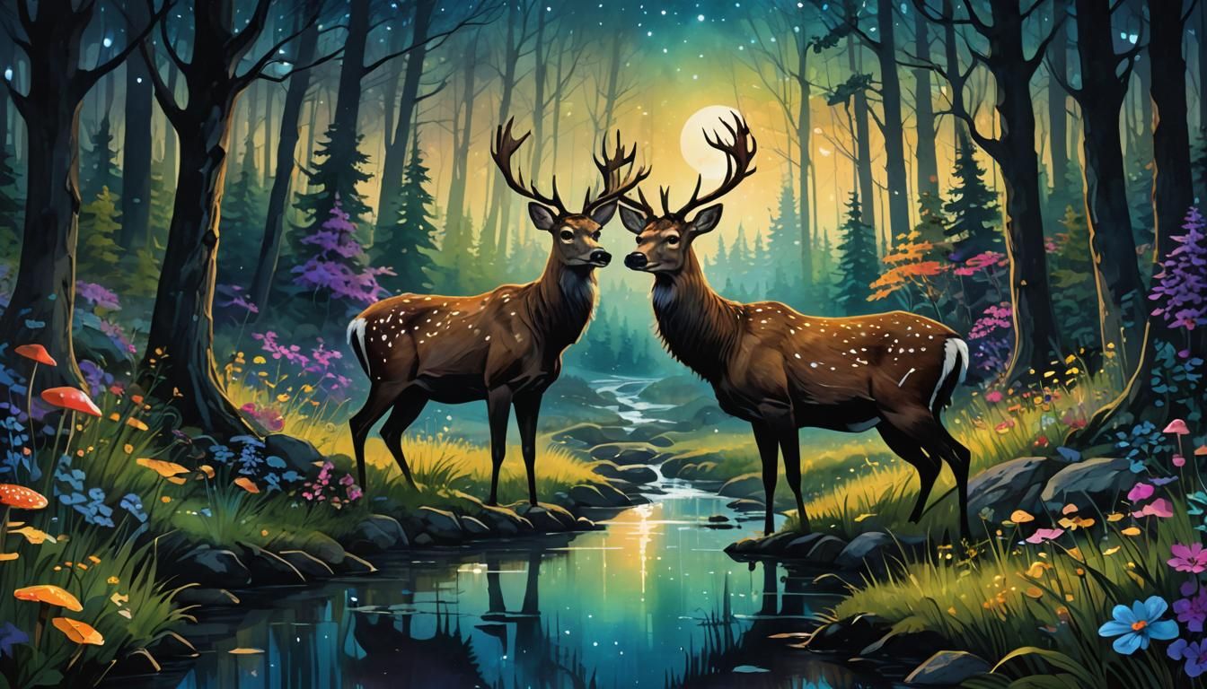 Stag in Enchanted Forest, Dark Fantasy Concept Art