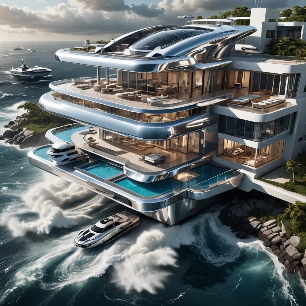 Futuristic Villa Overlooking Turbulent Ocean at Night