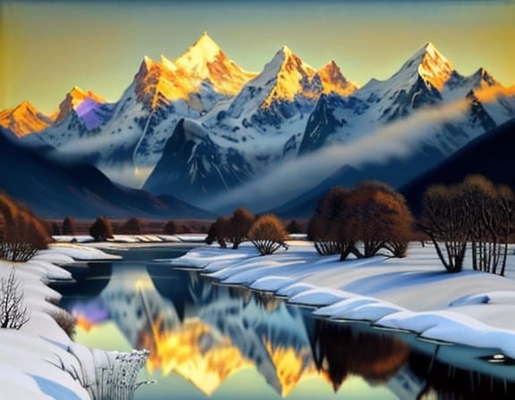 Himalayan Sunrise Reflected in River, Impressionist Oil Pain...