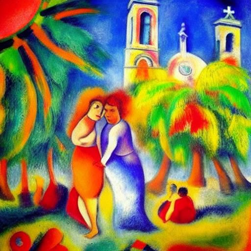 Surrealist Beach Dance in Dreamlike Colors