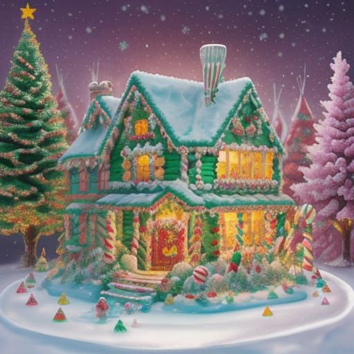 A fantastically detailed gingerbread house in a snowy winter...
