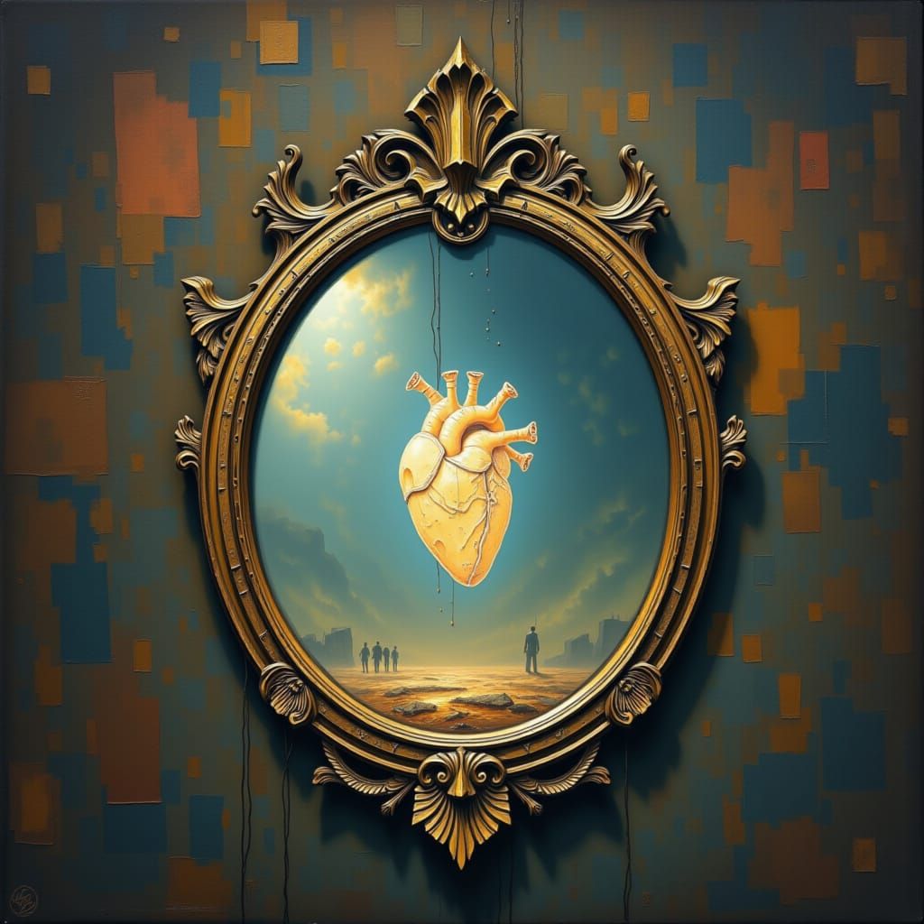 Crystalline Heart Reflected in Ornate Mirror