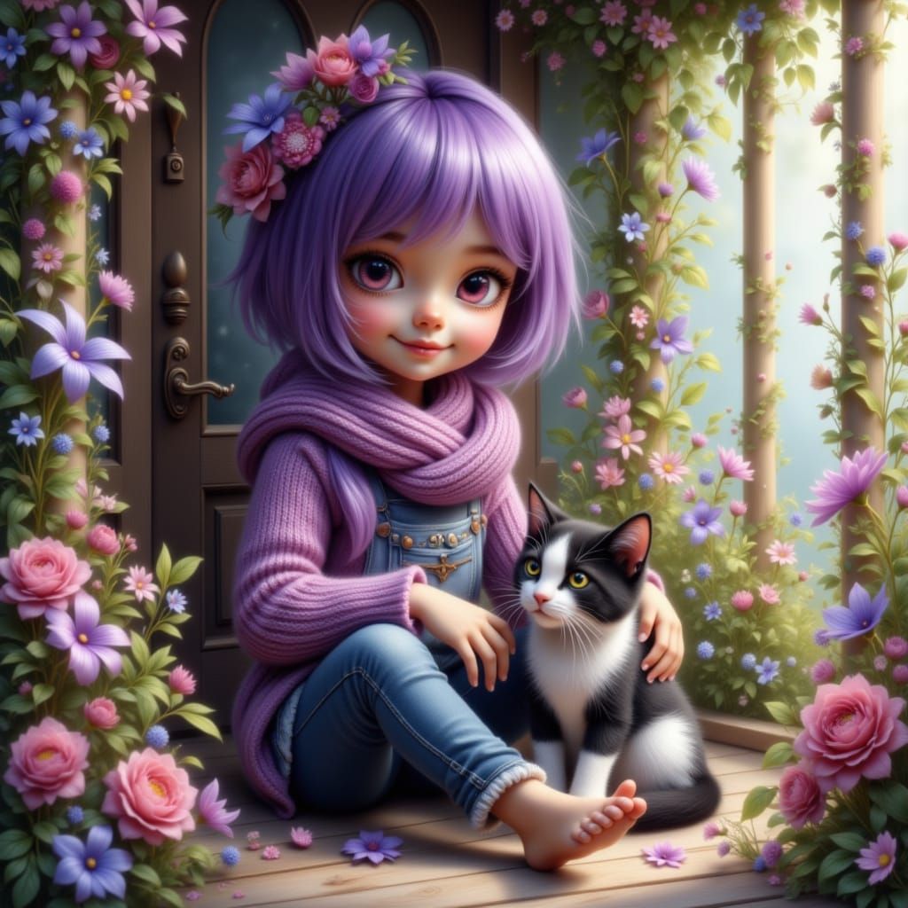 Whimsical 3D Girl with Kitten and Purple Hair