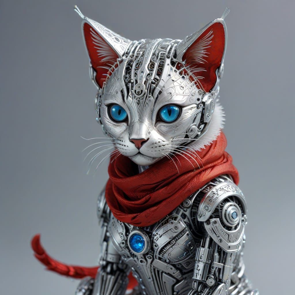 Robotic Kitten with Metallic Fur and Glowing Eyes