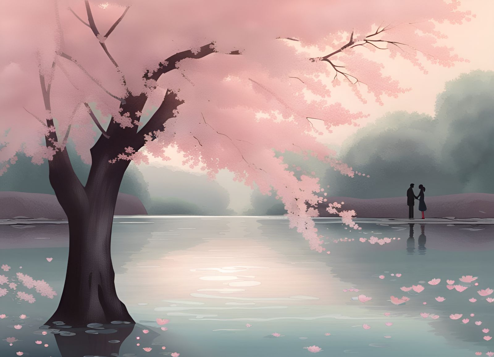 Lovers Divided by a Pond, in Art Nouveau Style