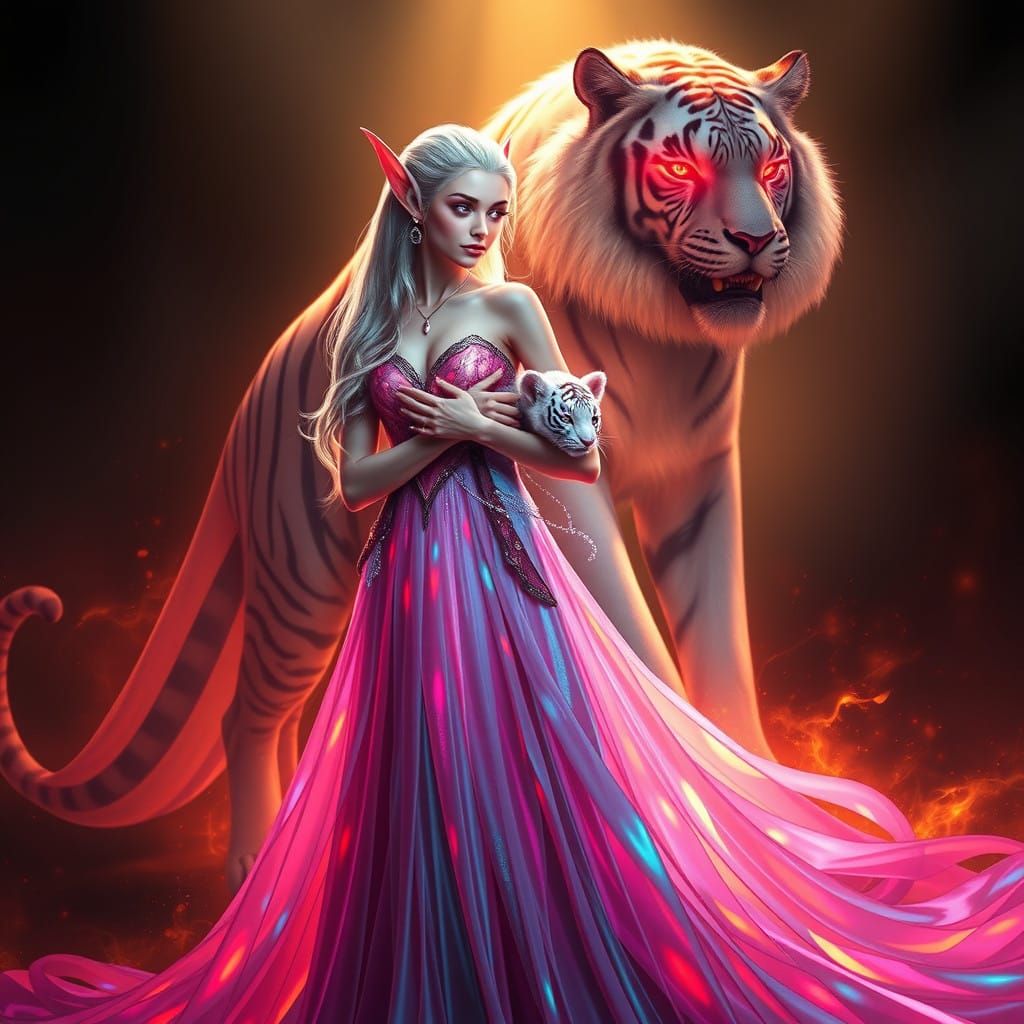 Ethereal Elf Maiden and Tiger Kin in Neon Hues