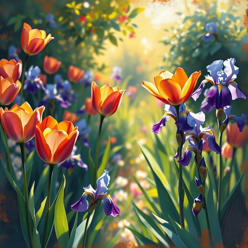 Tulips and Irises in Vibrant Impressionist Garden