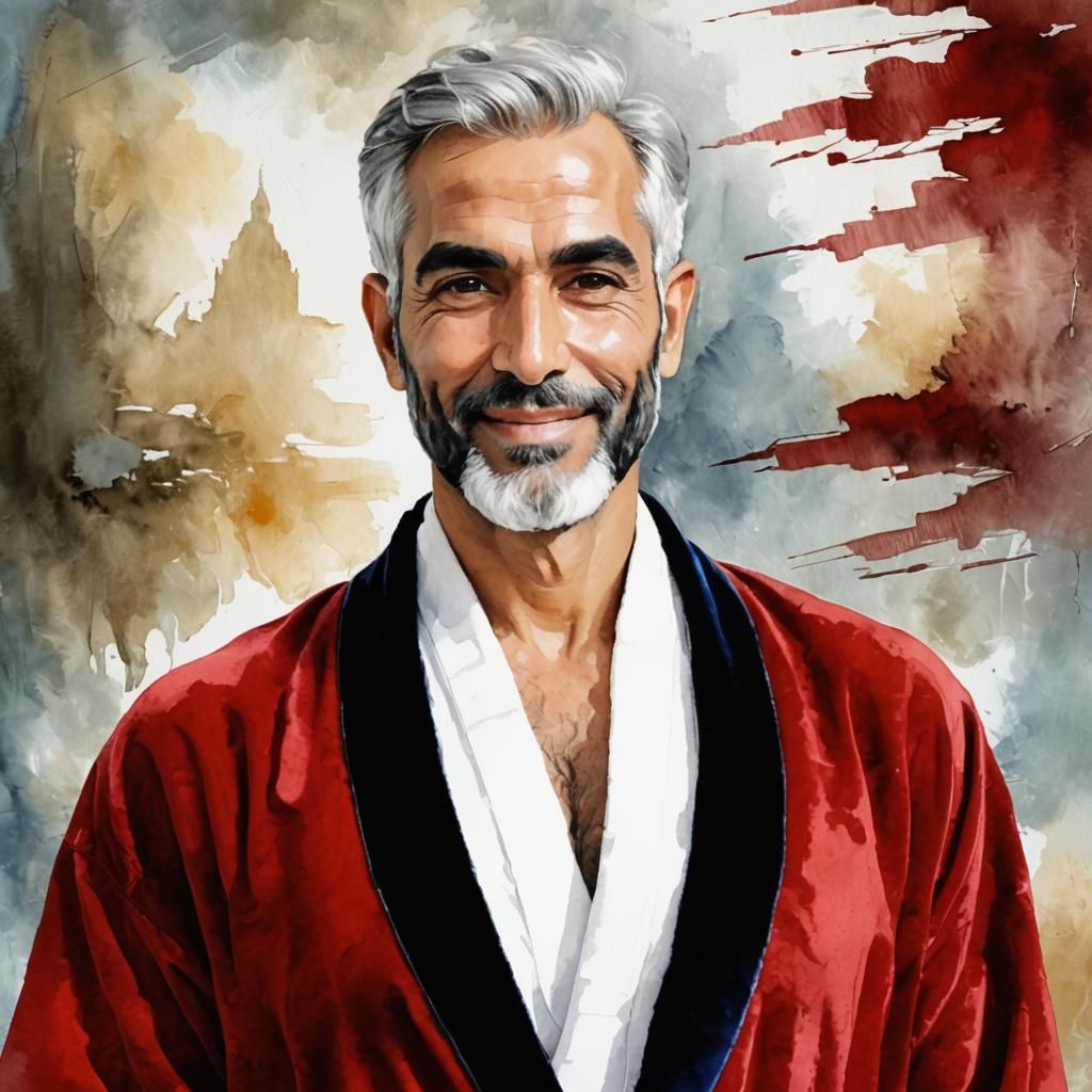 Elegant Man in Red Bathrobe, Alcohol Ink Portrait