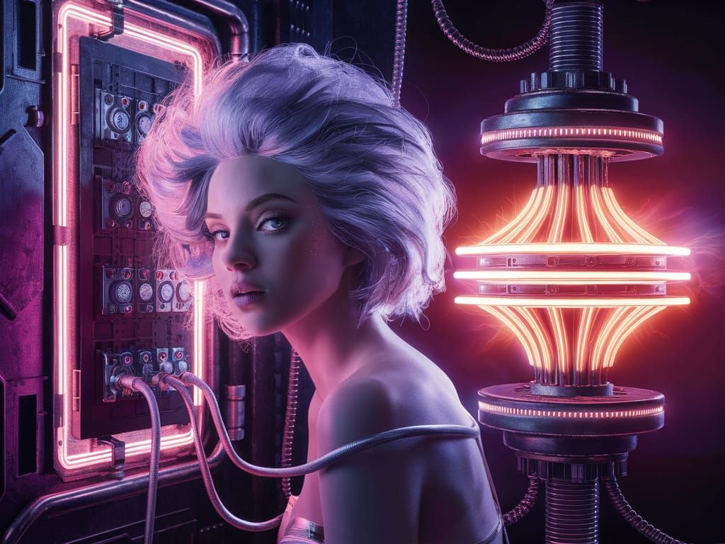 Steampunk Woman with Silver Hair Plugged into Fusion Core