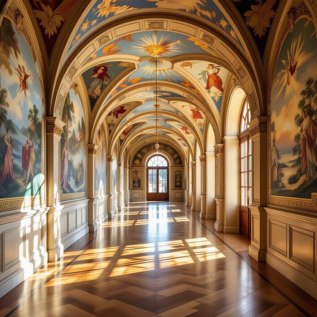 Ethereal Palace Hallway with Sunlit Frescoes and Hardwood Fl...