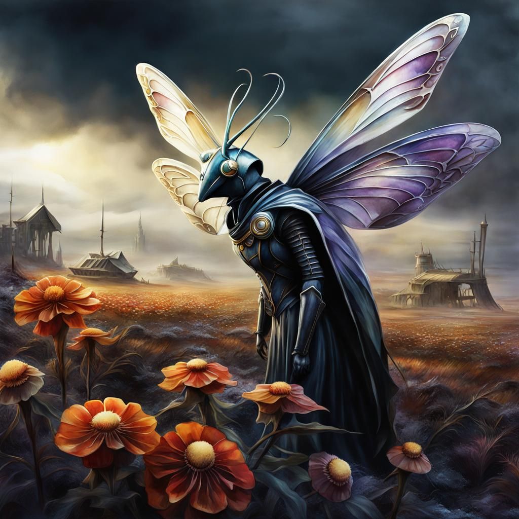Robotic Moth Witch in Post-Apocalyptic Landscape