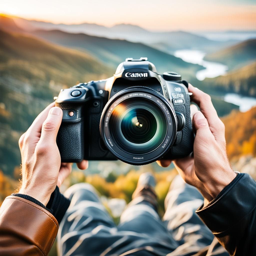 Photographer's Hands Holding Camera in Scenic Landscape