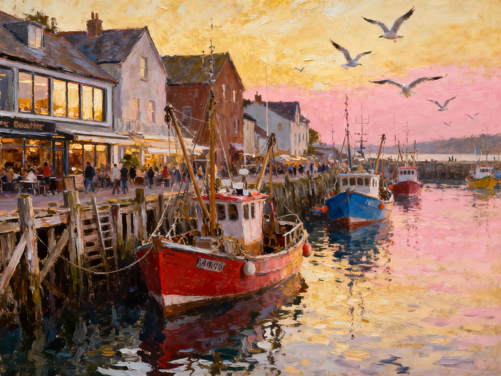 Impressionistic Oil Painting of a Vibrant Harbour at Dawn