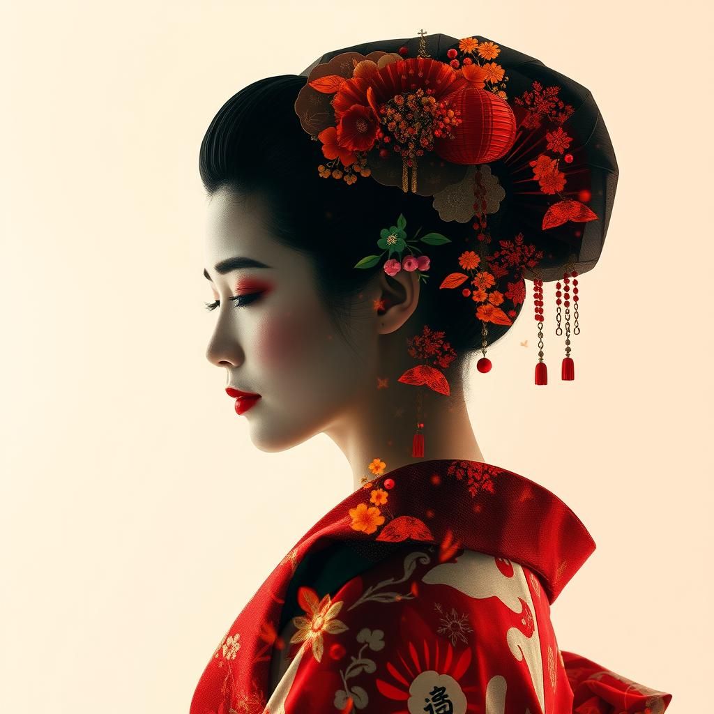 Colorful Double Exposure Geisha in Traditional Style