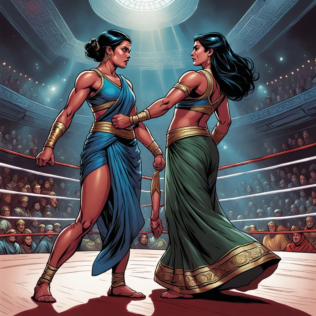 Queen and Commoner Wrestling in Arena, Comic Book Art