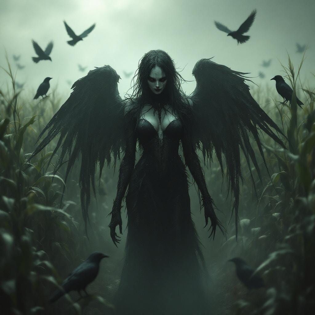 Eerie Scarecrow Fairy in Raven-Filled Cornfield