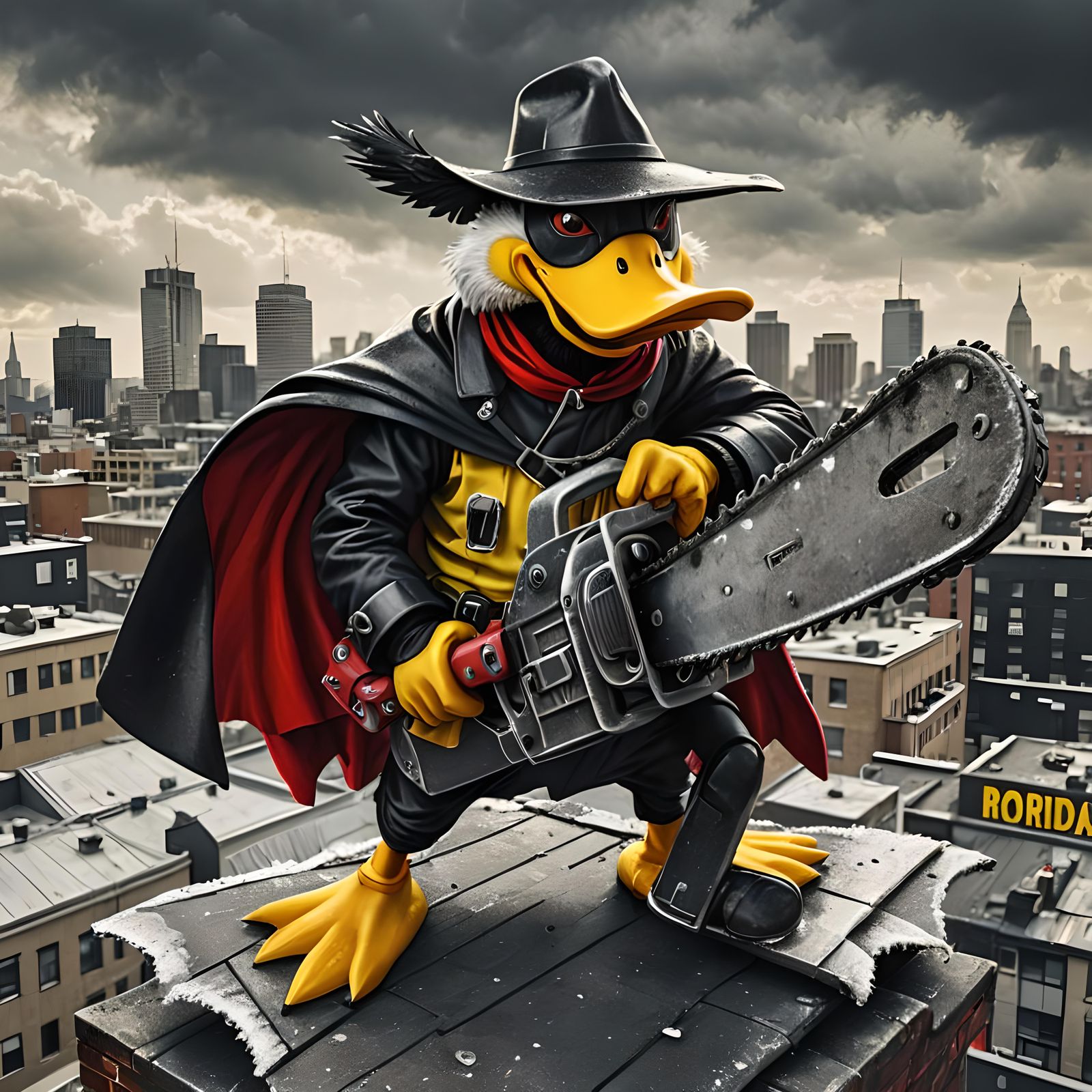 Evil Cartoon Duck with Chainsaw on Rooftop