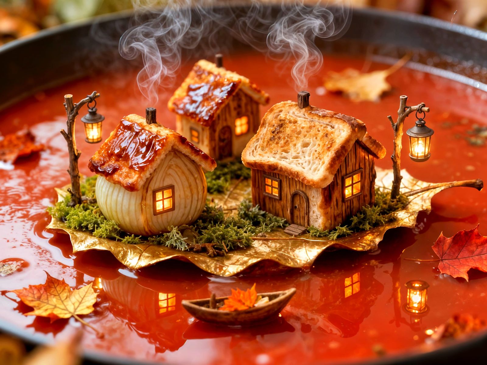 Miniature Autumn Village on Tomato Soup