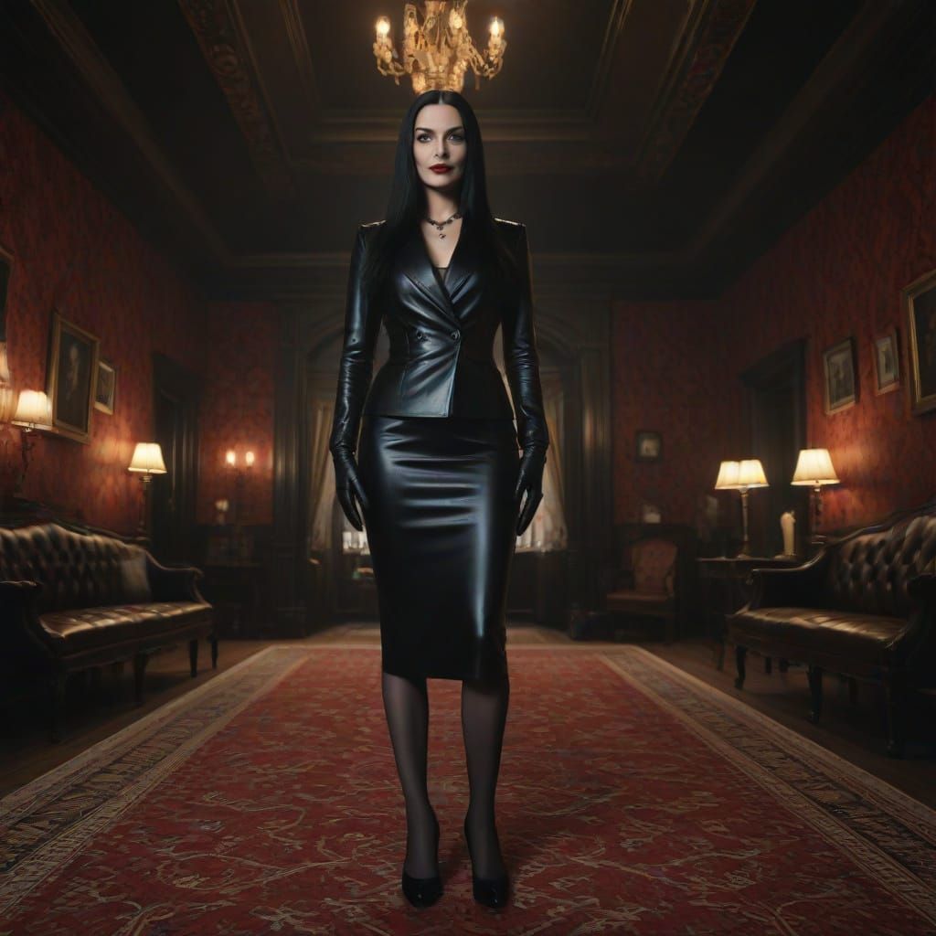 Morticia Addams in Stylish Black Leather Suit