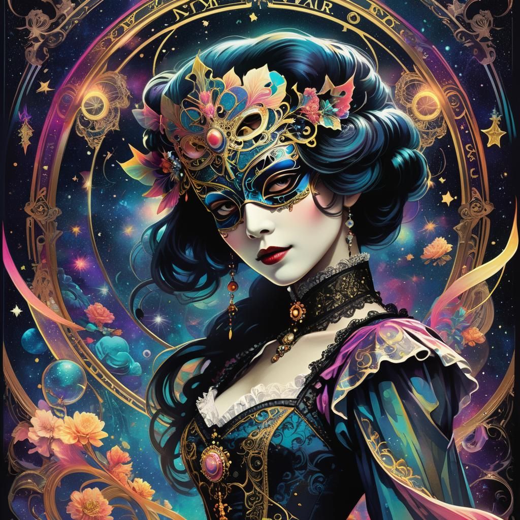 Cosmic Masquerade Ball Flyer in Art Nouveau Style