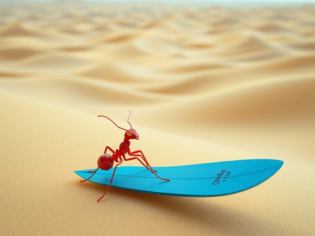 Vibrant Crimson Red Ant Surfs Origami Surfboard on Majestic...