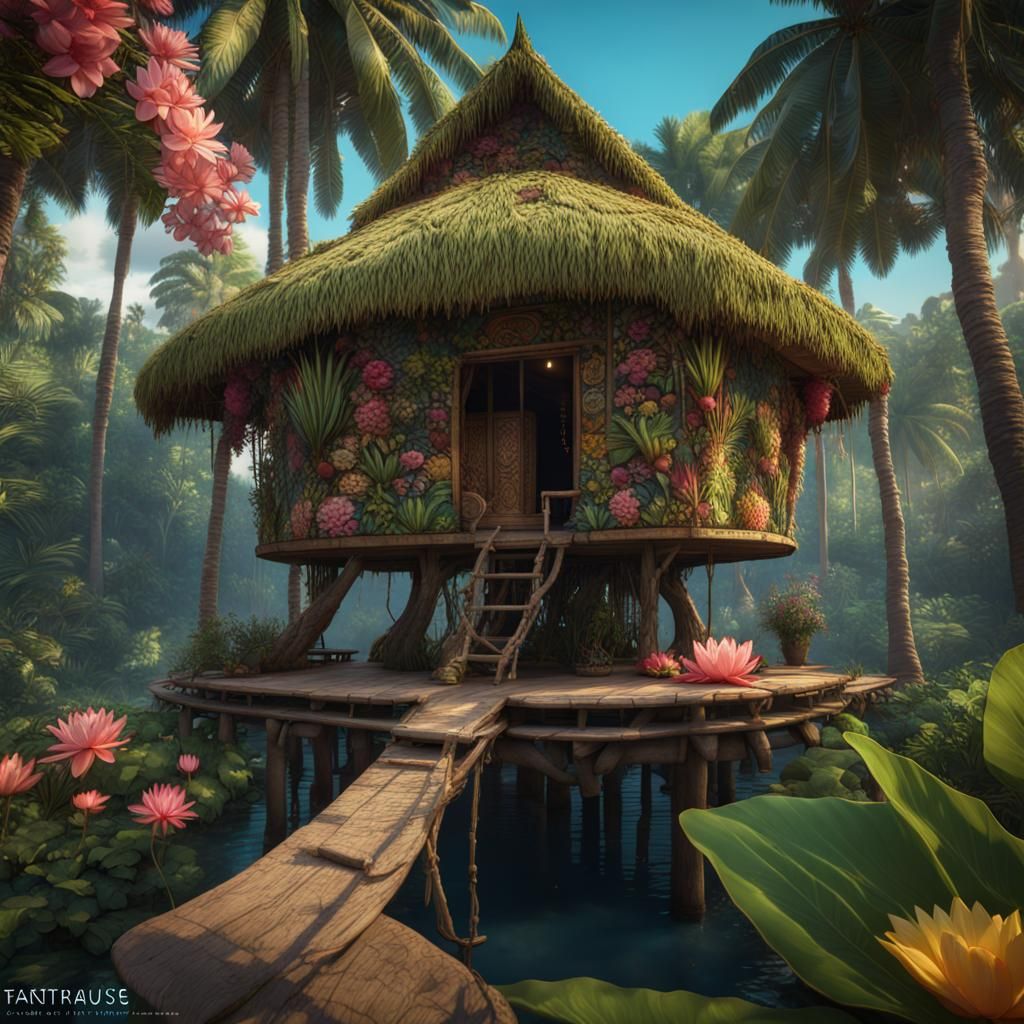 Tropical Tiki Hut Treehouse in Jungle Landscape