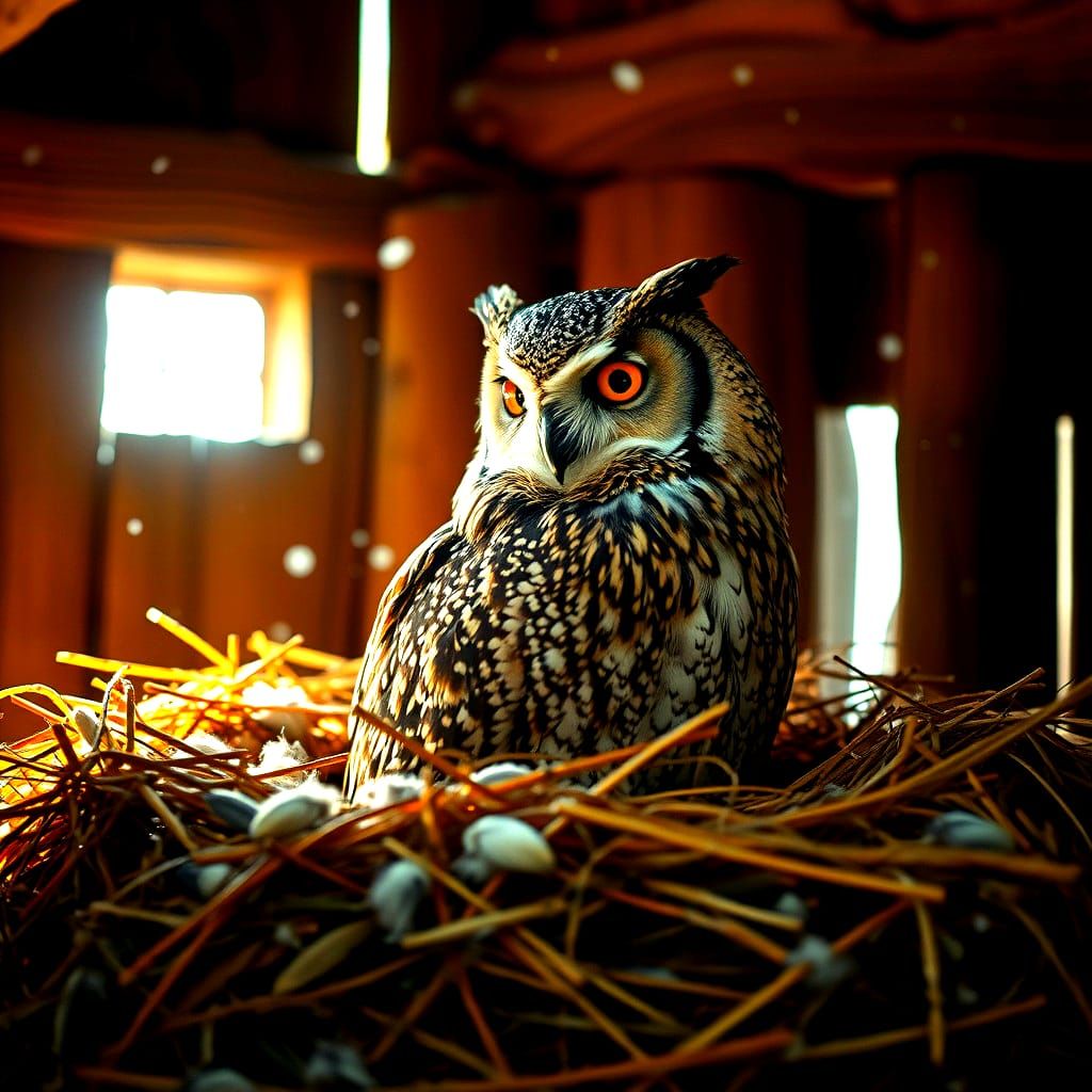 Owl in Barn Watching Snowfall: Hyper-Realistic Wildlife