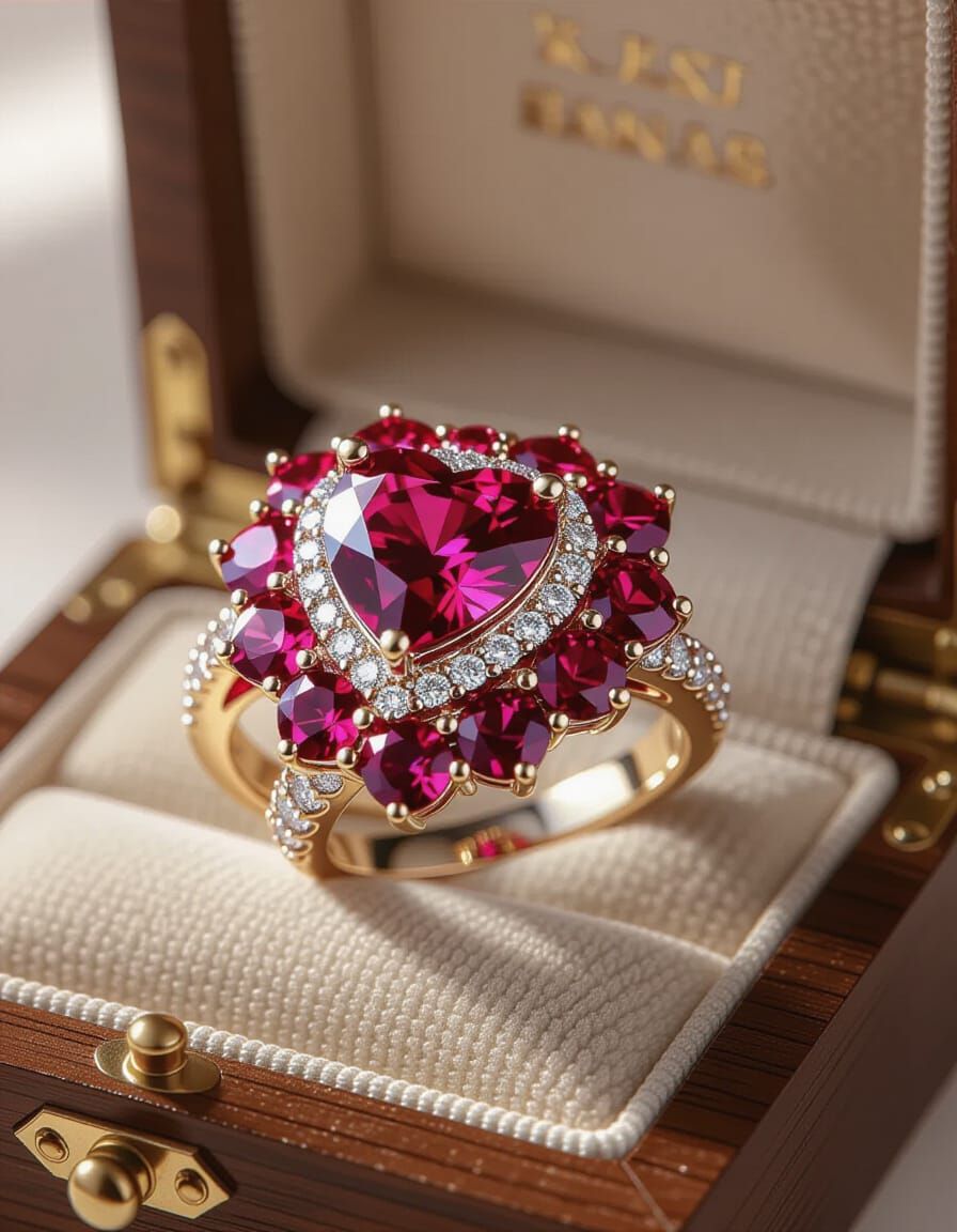 Intricate Ruby Heart Wedding Ring in 3D Style