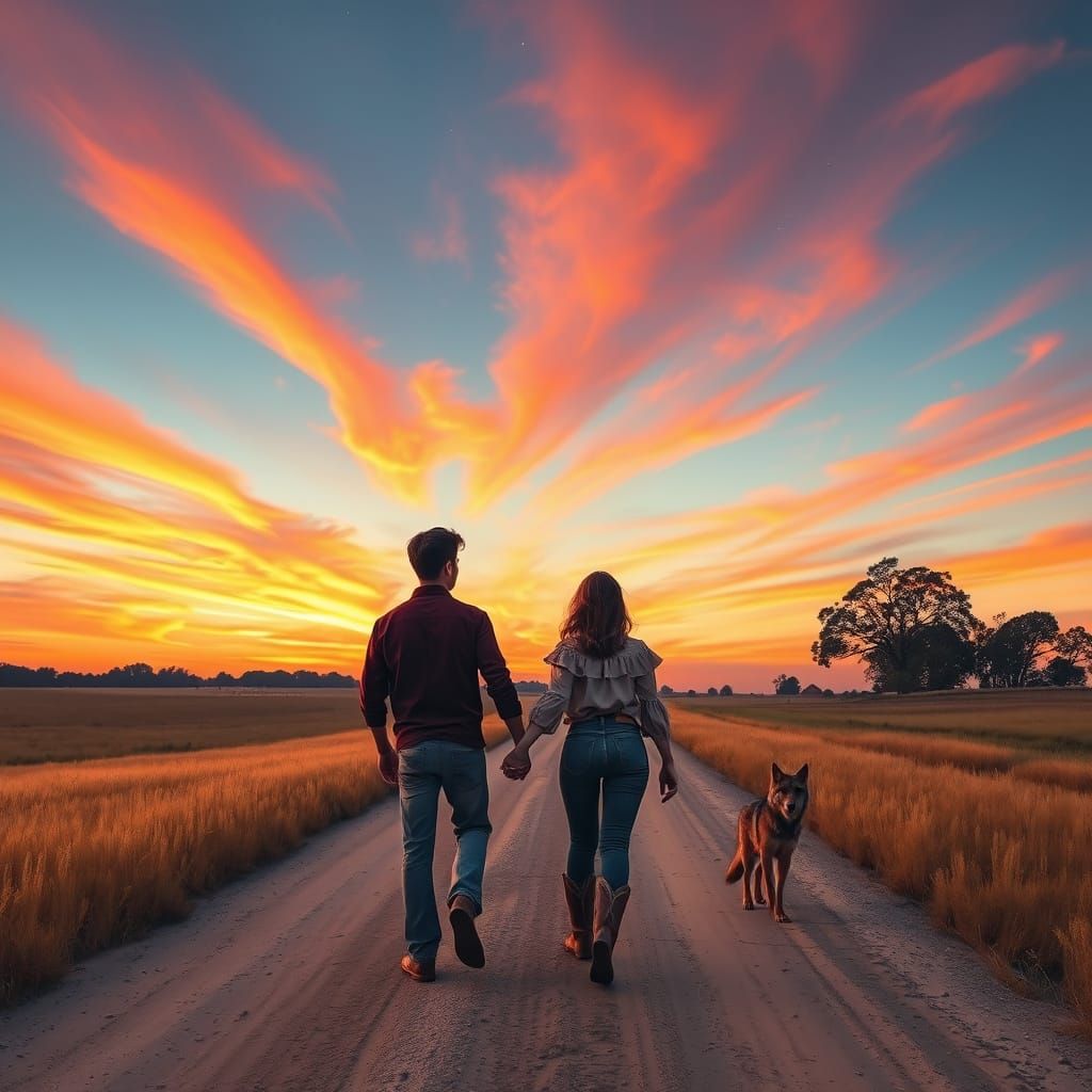 Young Couple Basks in Vibrant Sunset Amidst Golden Fields