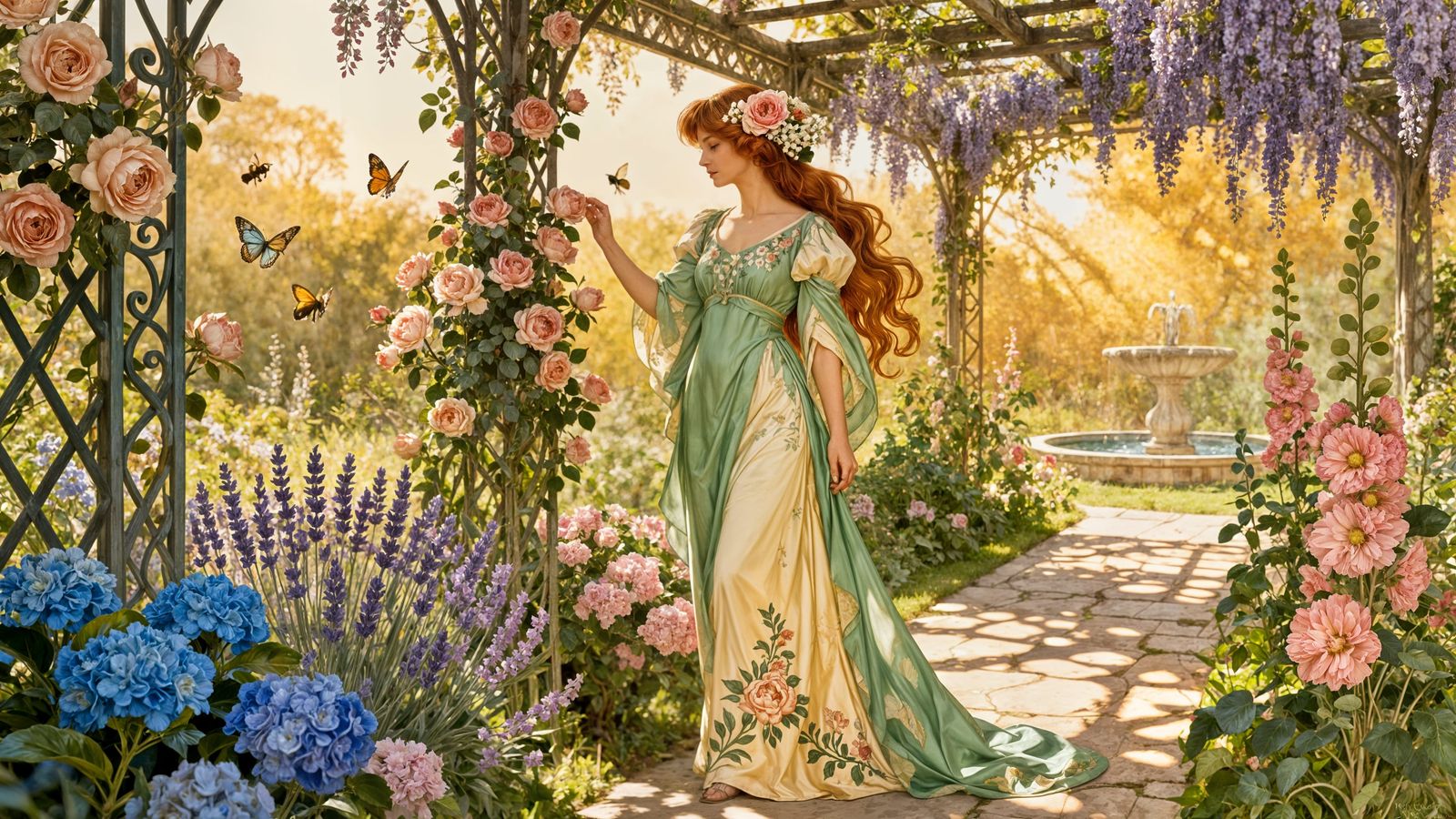 Art Nouveau Garden Scene With Elegant Woman