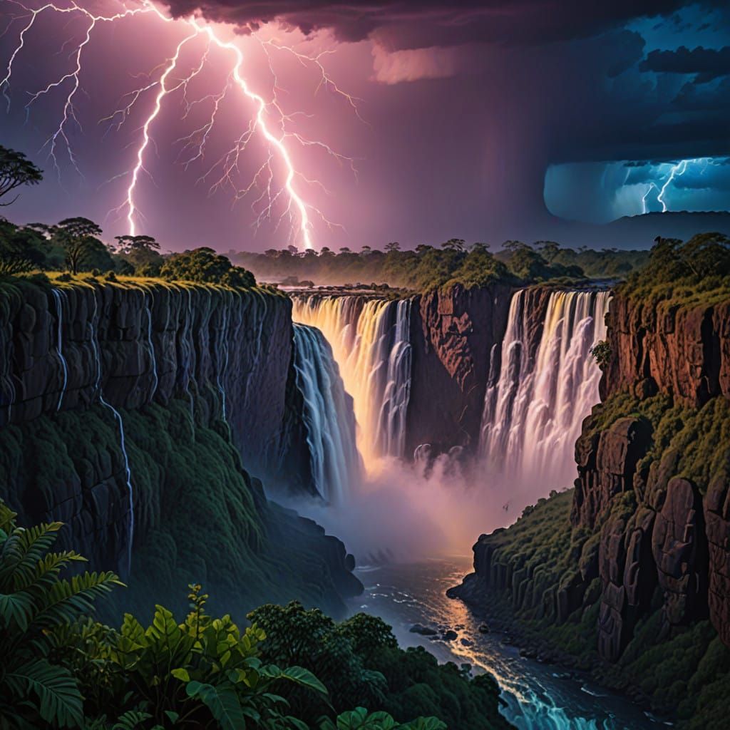 Ethereal Lightning Illuminates Victoria Falls in a Celestial...