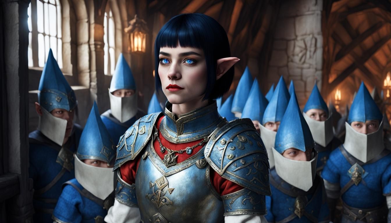 Snow White in Armor with Blue Dwarf Elves