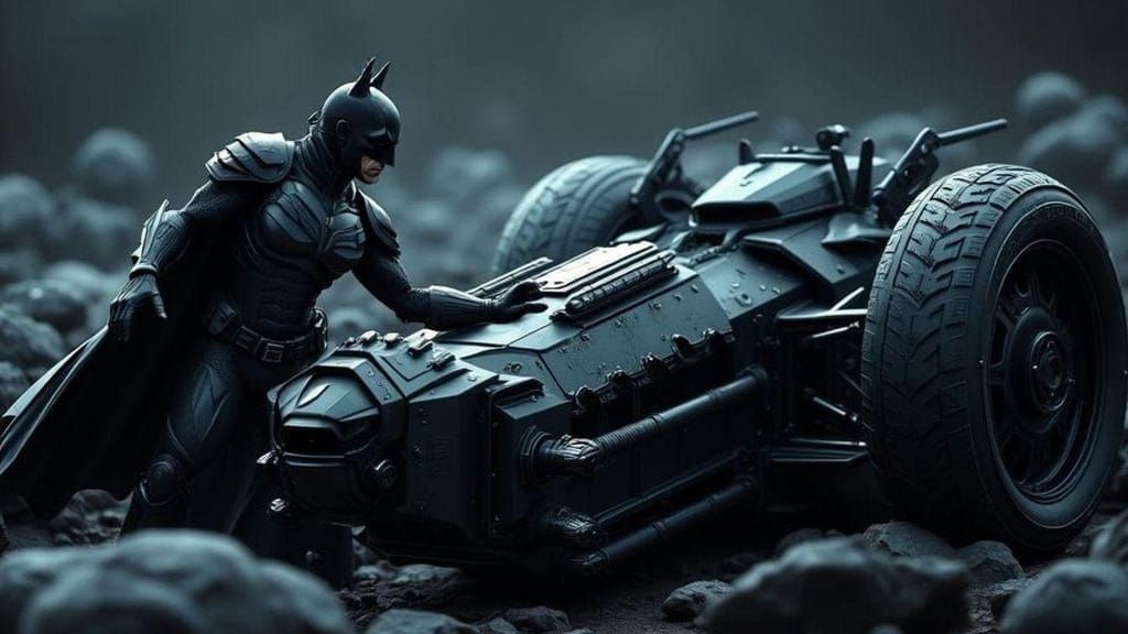 Cyborg Batman Standing Beside Dark Steel Batmobile