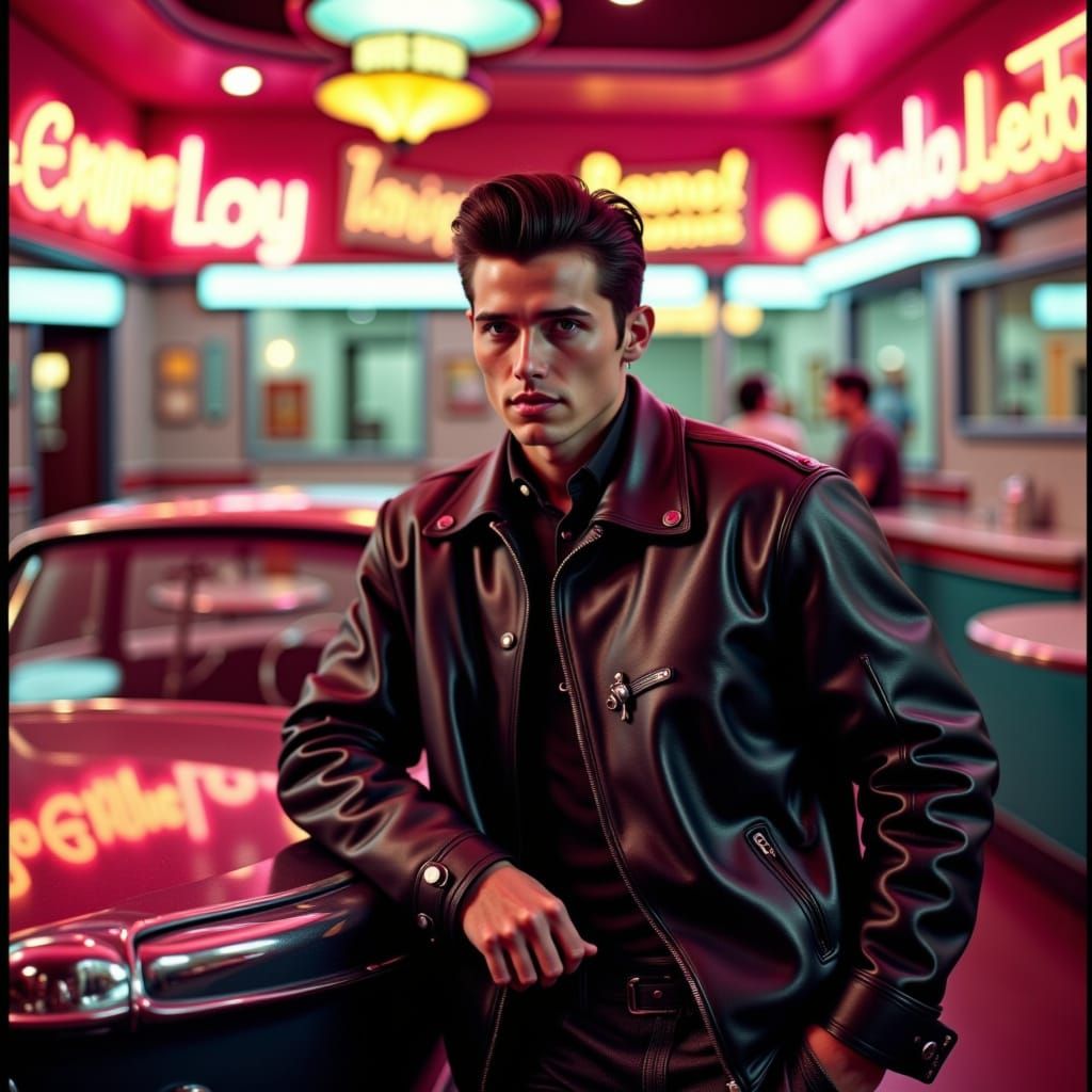 1950s Greaser in Neon Diner, Classic Car Outside
