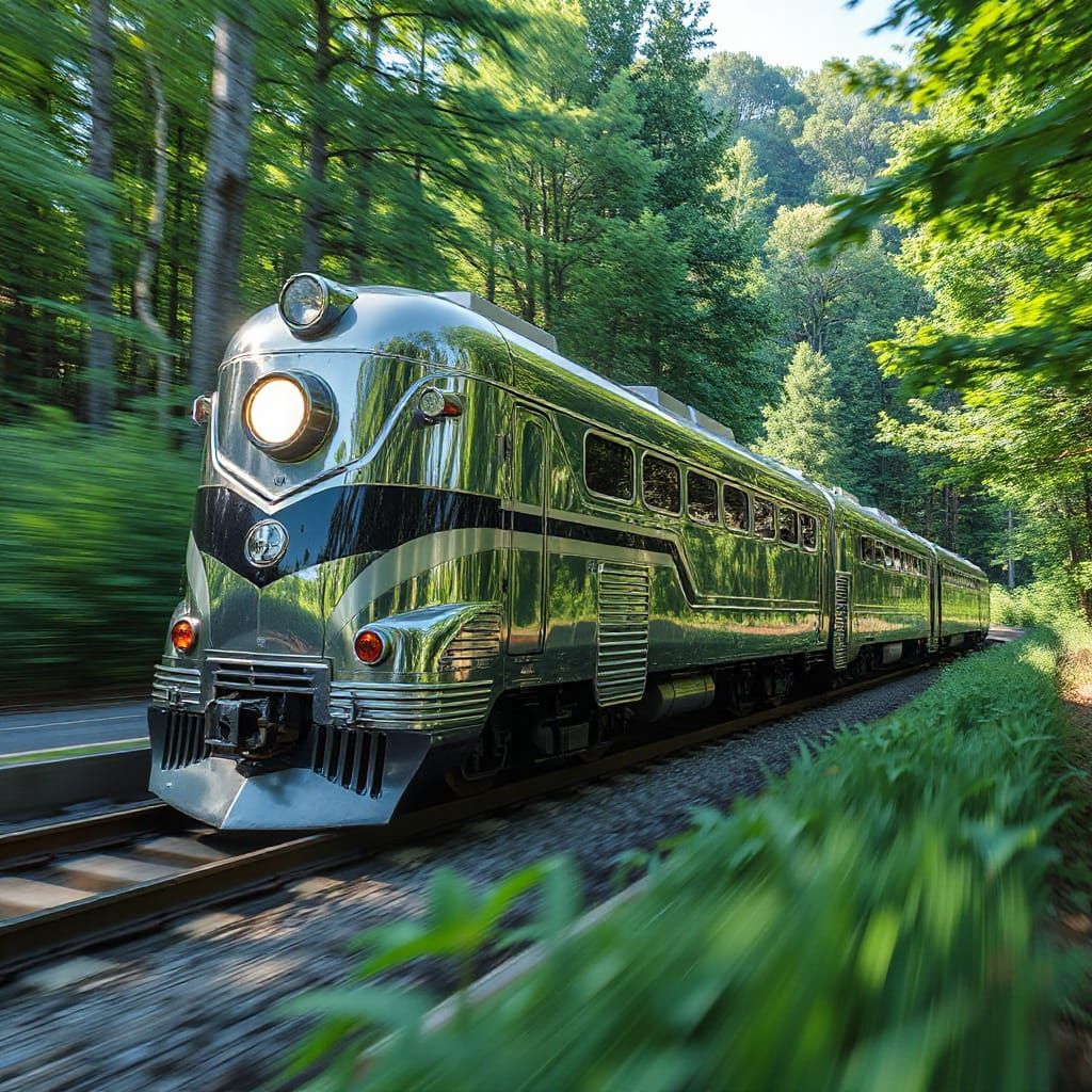 Art Deco Train Speeds Through Emerald Forest Landscape