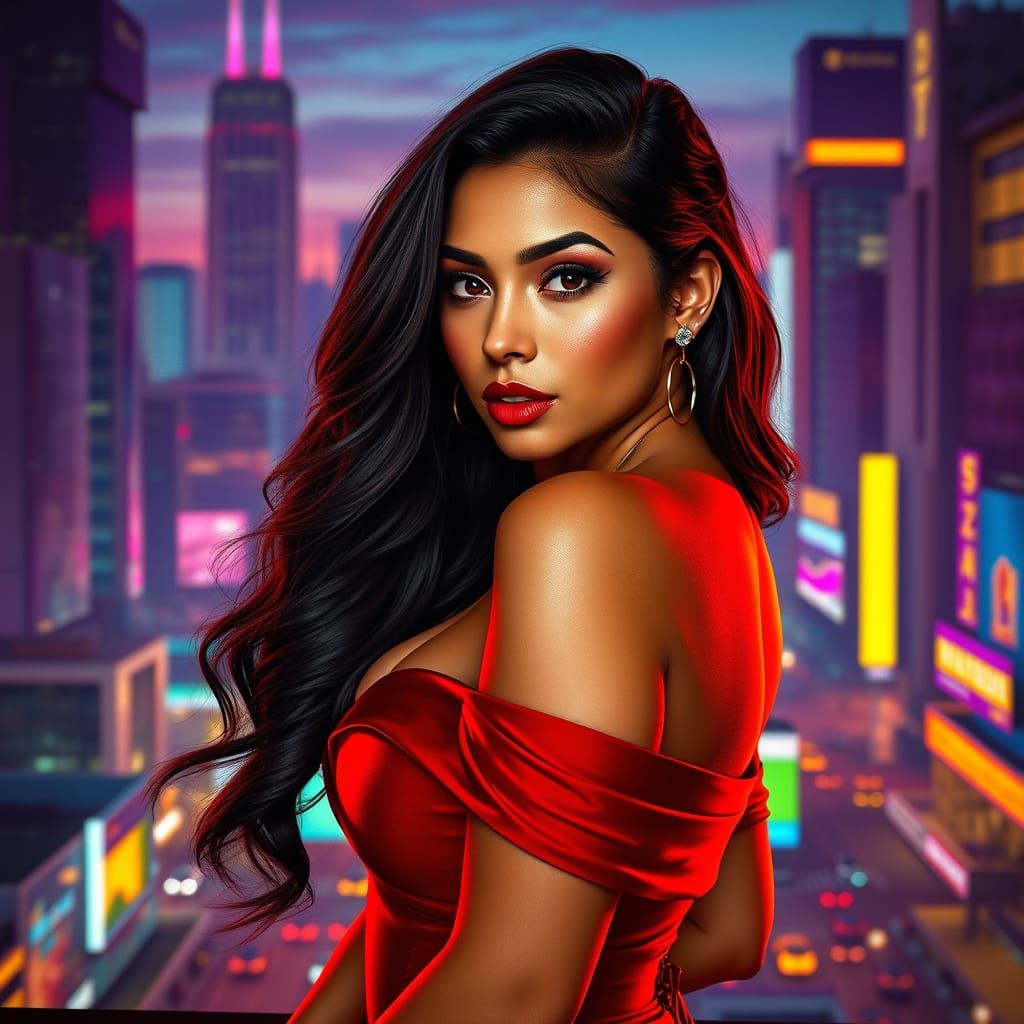Stunning Latina Goddess Illuminated by Neon City Lights