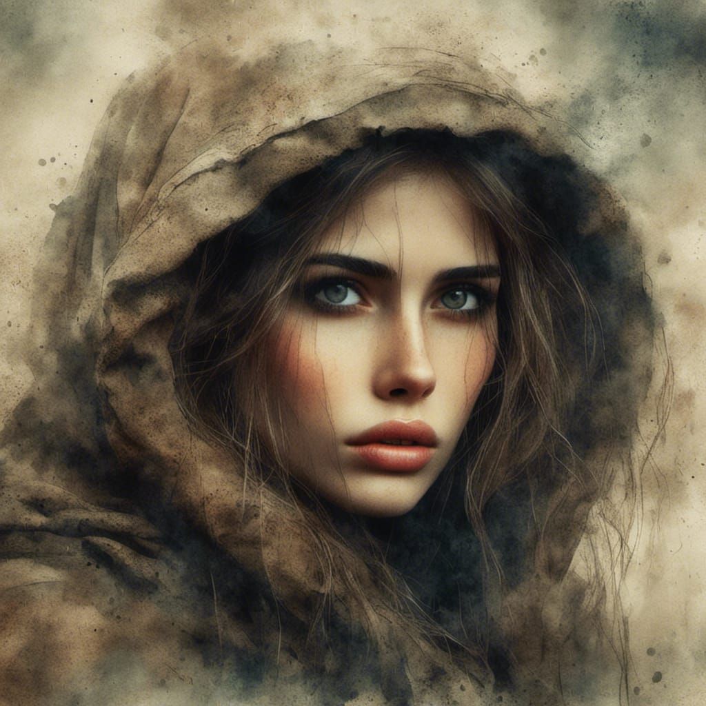 Intense Woman in Earthy Watercolor, Gritty and Antique