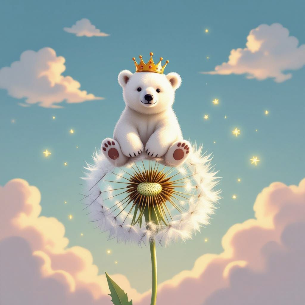 Polar Bear Cub on Dandelion in Pastel Sky
