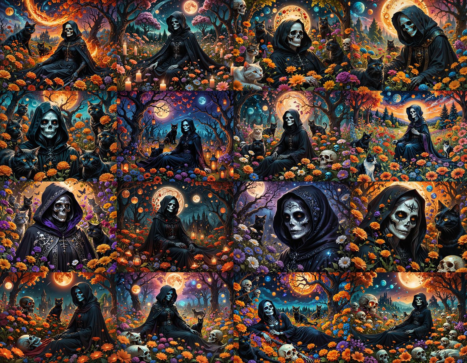 Fiery Female Grim Reaper in Flower Garden